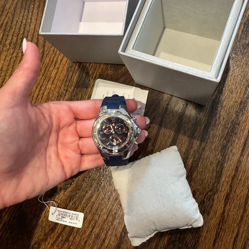 Michele Silver-Tone Case Watch with Black Strap
